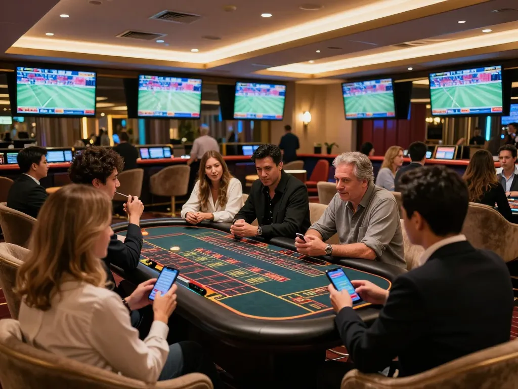 Patrons placing bets on keonhacai in an upscale sports betting lounge with live screens.