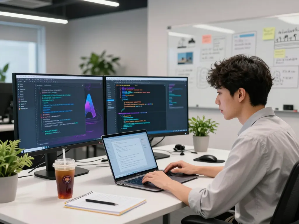 Engaging workspace showcasing personalized AI chat with spicychat on a laptop surrounded by tech tools and vibrant office ambiance.