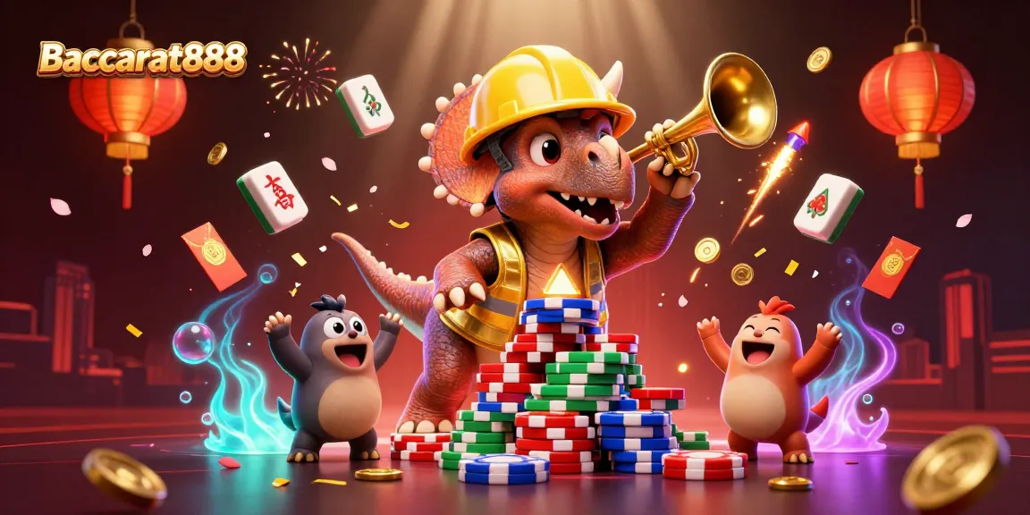 Baccarat888 showcases a dynamic casino scene with a triceratops building poker chips, celebrating excitement.