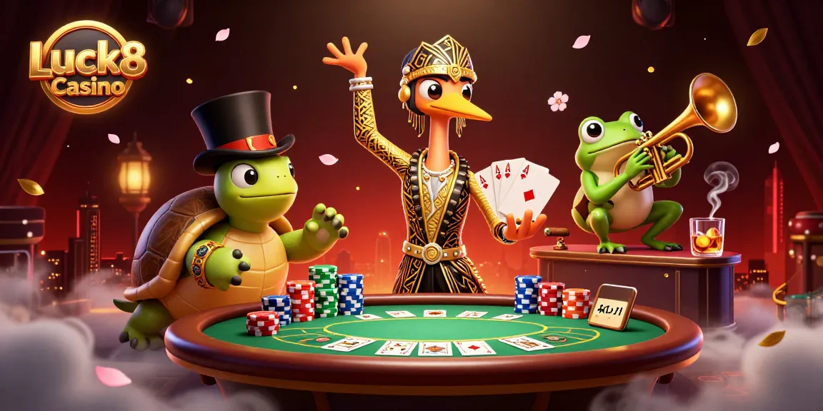 Engage with Luck8 Casino through an animated illustration of a lively casino scene with whimsical characters.