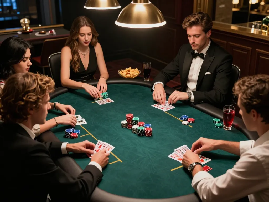 Engaged players enjoying keonhacai at a stylish poker night, vibrant chips and cards visible.