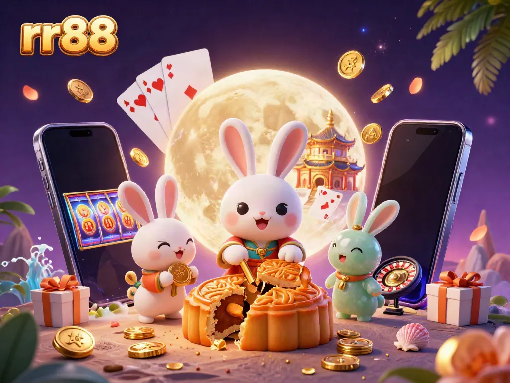 Experience thrilling gaming with rr88, featuring a moon rabbit amidst poker chips and slot games.