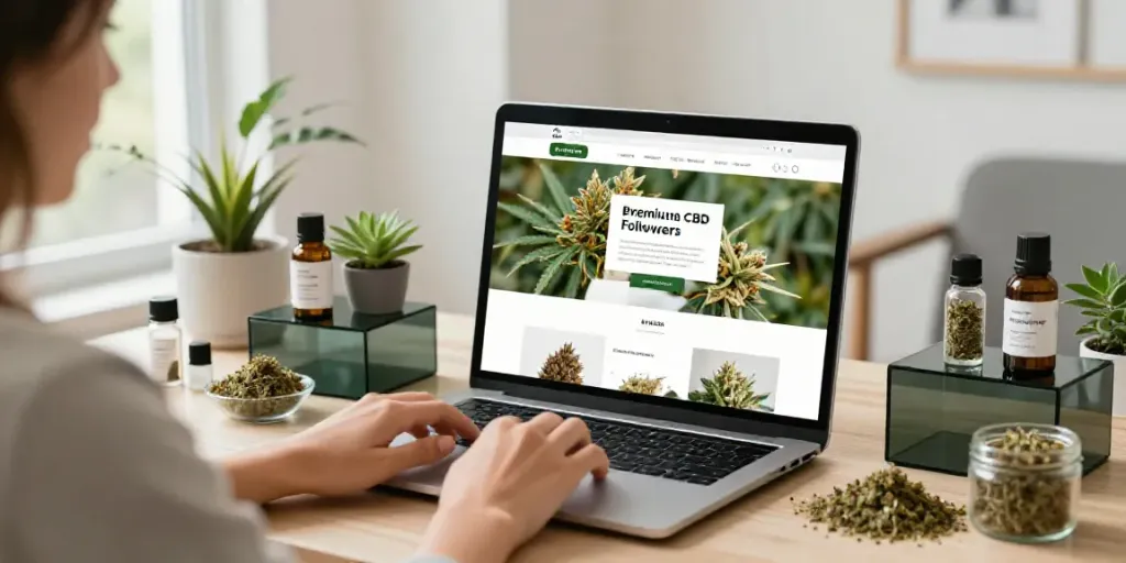 CBD Blüten kaufen online with diverse premium flower selections in a cozy shopping environment.
