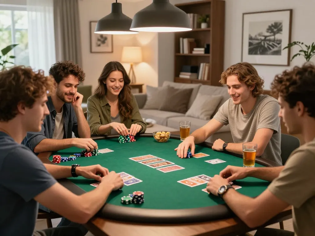 Friends enjoy a poker night at home, showcasing fly88 gaming with strategy and excitement.