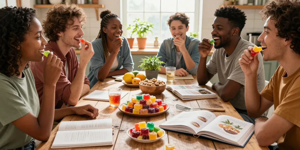 Friends enjoying colorful edibles UK in a bright kitchen setting.