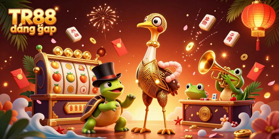 Experience TR88 đăng nhập with a vibrant 3D casino scene filled with slot reels and golden elements.