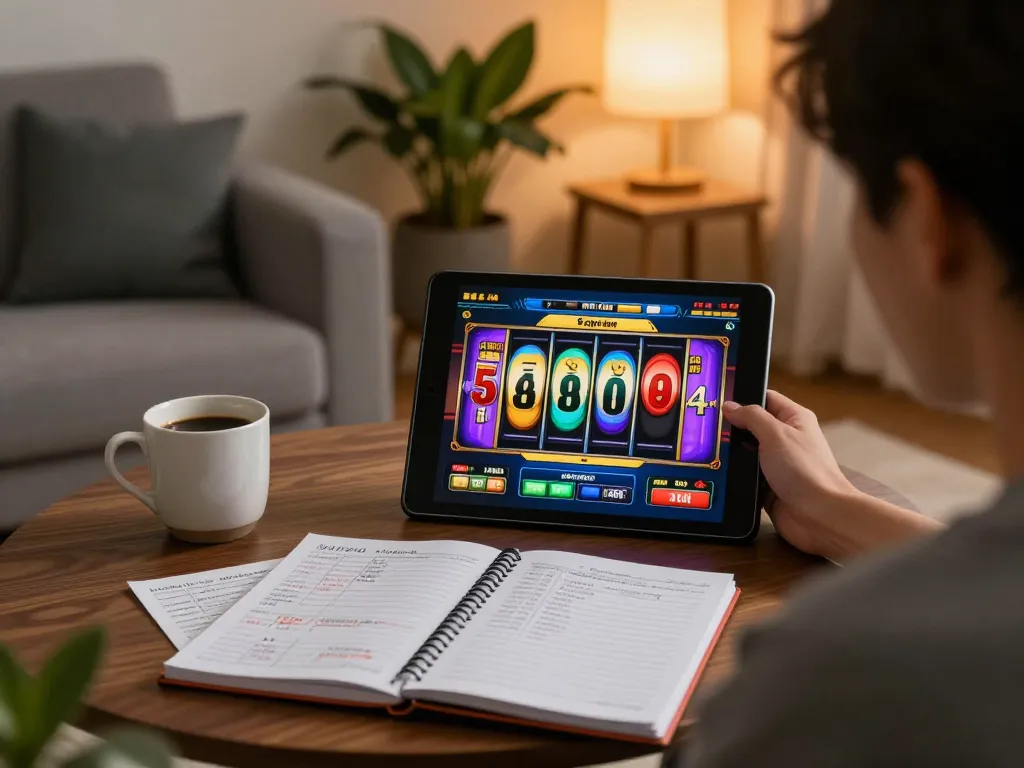 Engaging scene of 7hh online gaming with colorful slot display, showcasing responsible gambling strategies at home