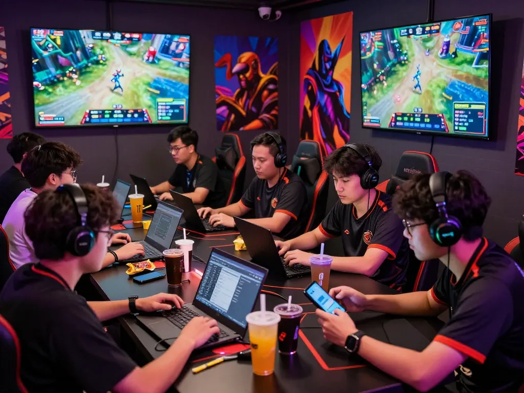 Engaged gamers analyzing odds for esports betting Singapore in a lively gaming lounge.