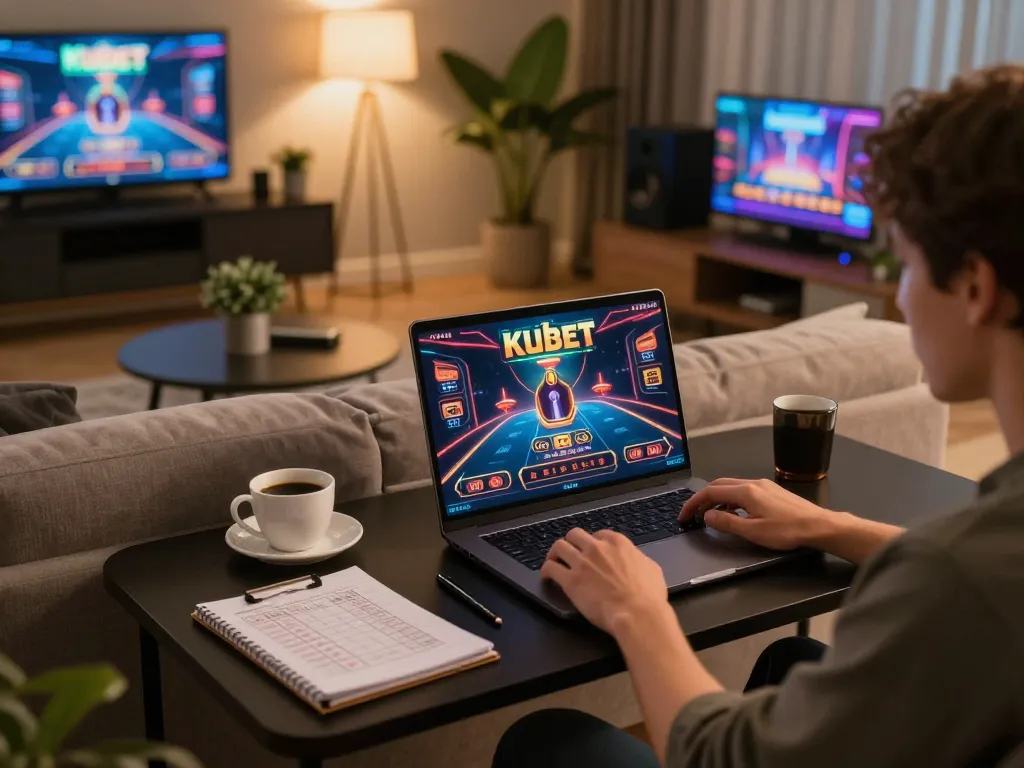 Engaging online kubet gaming experience in a stylish modern living room with laptop and betting notes.