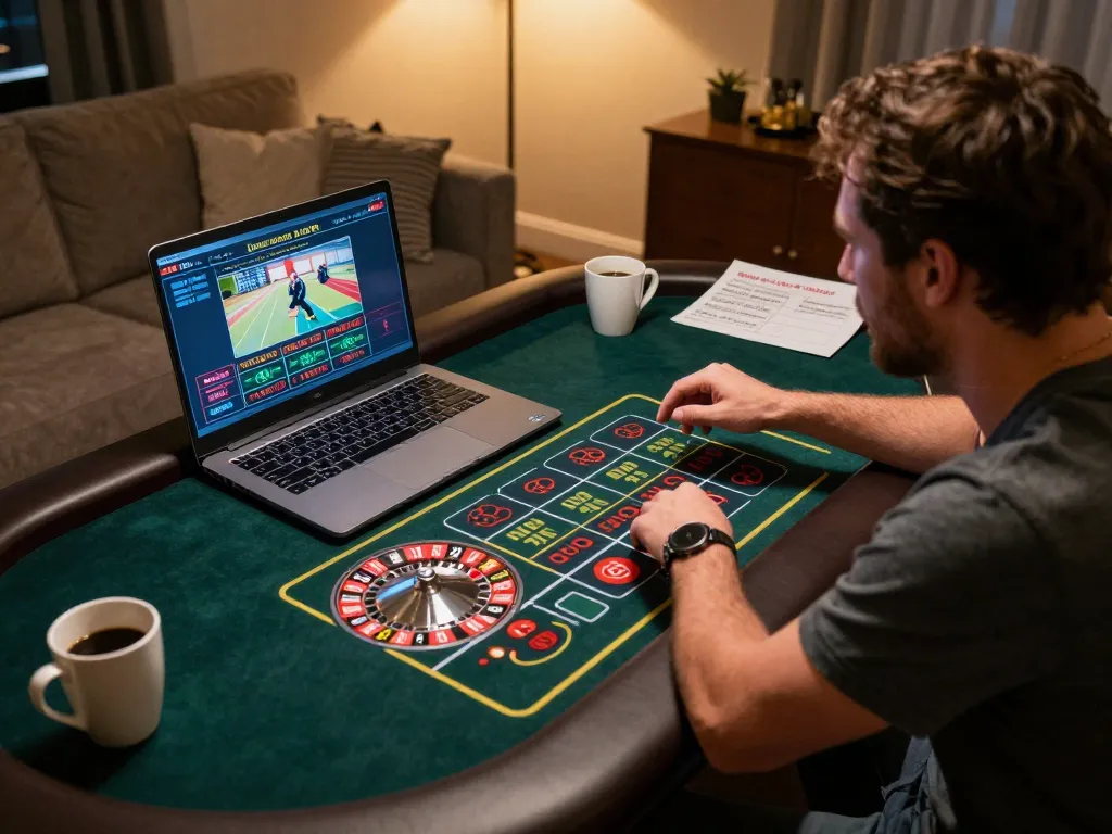 Player at home engaging in online roulette at 32win, illuminated with ambient lighting and strategic notes