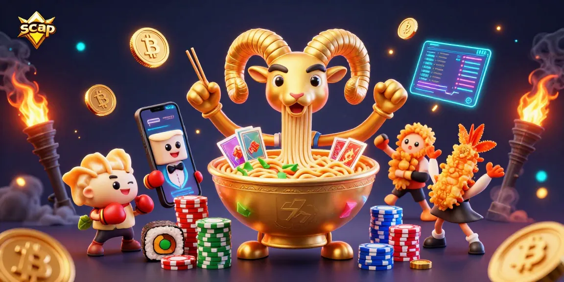 Experience thrilling gambling action with scap illustrated through vibrant characters and crypto elements.
