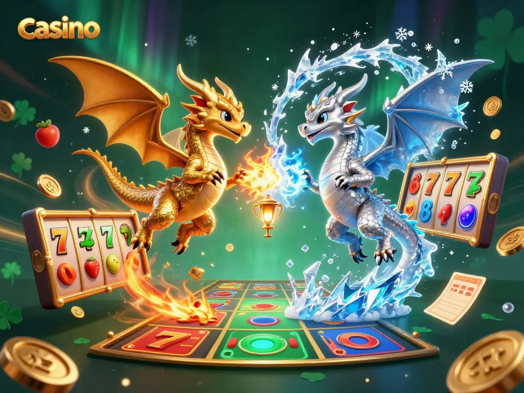 Engage in thrilling casino action with golden and silver dragons amidst slot reels and jackpot symbols.