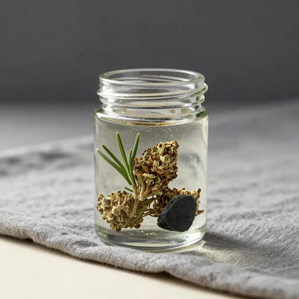 Clear jar of cannabis flower with rosemary sprigs, slate chip and glowing pollen on ash-grey linen.