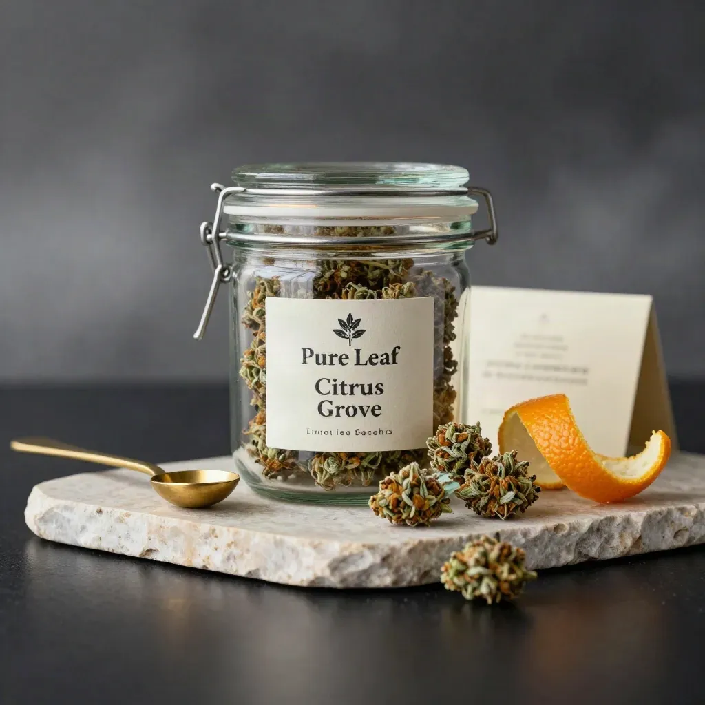 Cannabis flower jar with loose buds, brass scoop and citrus peel in dawn mist.