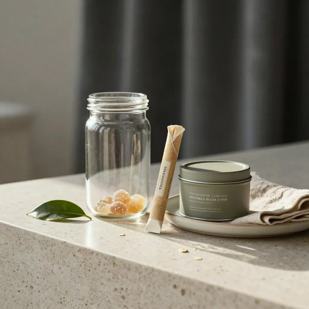 Cannabis flower jar, pre-roll pack and gummy tin on travertine with linen and citrus leaf