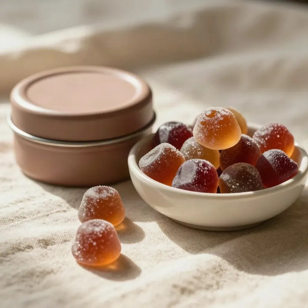Matte gummy tin with jewel-toned gummies in a ceramic bowl on cream linen