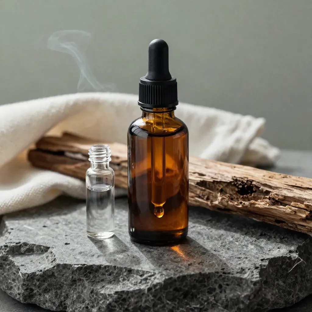 Amber tincture bottle, dropper vial, muslin and cedar on dark stone with a suspended droplet.