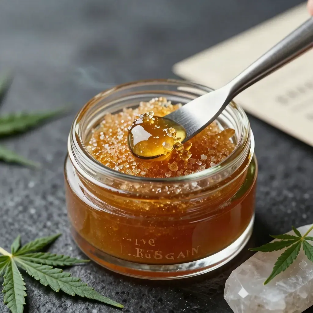 Top-down macro of a live resin jar, dab tool, and cannabis leaf on quartz in cool charcoal light.