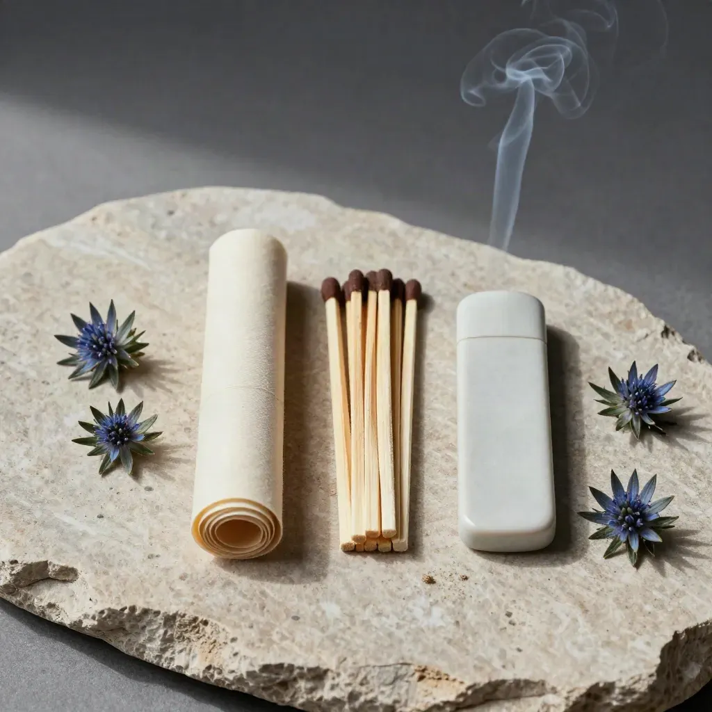 Cream pre-roll pack with fanned sticks, ceramic striker, and blue thistle petals on limestone.