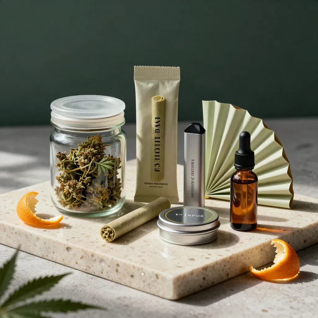 Premium cannabis products fanned across travertine with citrus peel and dramatic light.