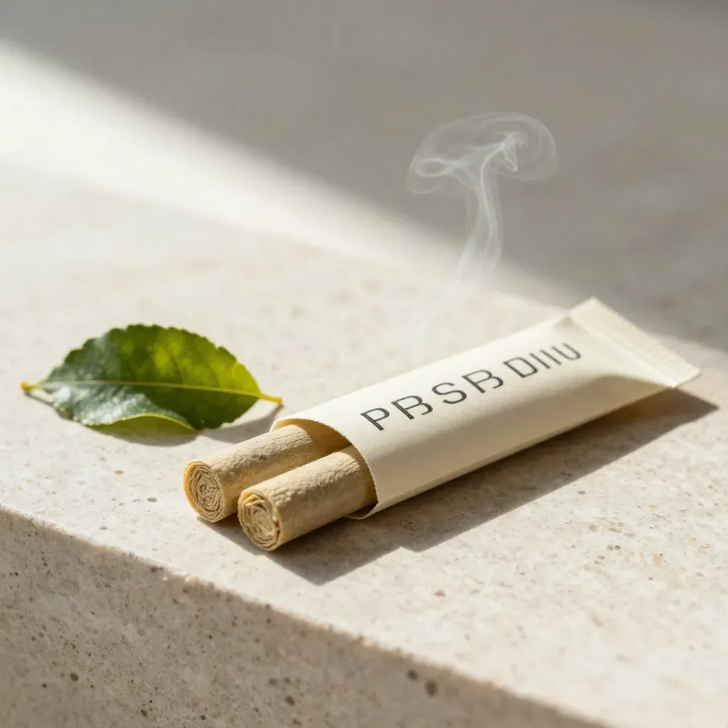 Low three-quarter cannabis flatlay of an open lemon pre-roll sleeve with leaf and citrus mist on pale stone.