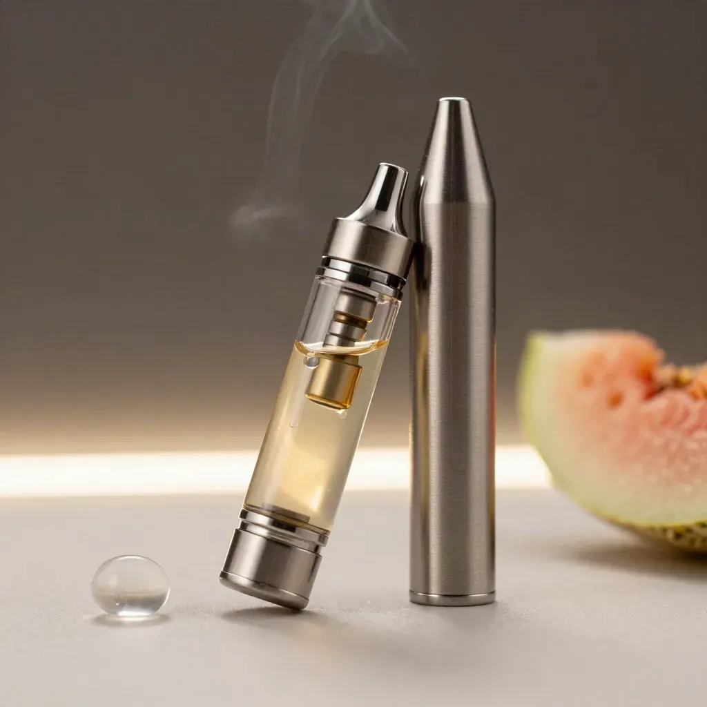 Macro vape cartridge on brushed metal with glass pebble, rind slice, and cool vapor
