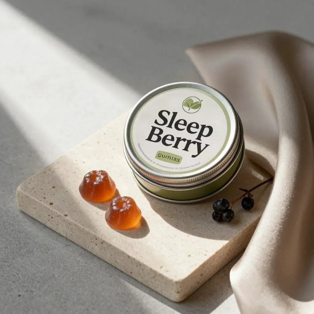Overhead gummies tin with three gummies, satin cloth, berry stem on cream stone.