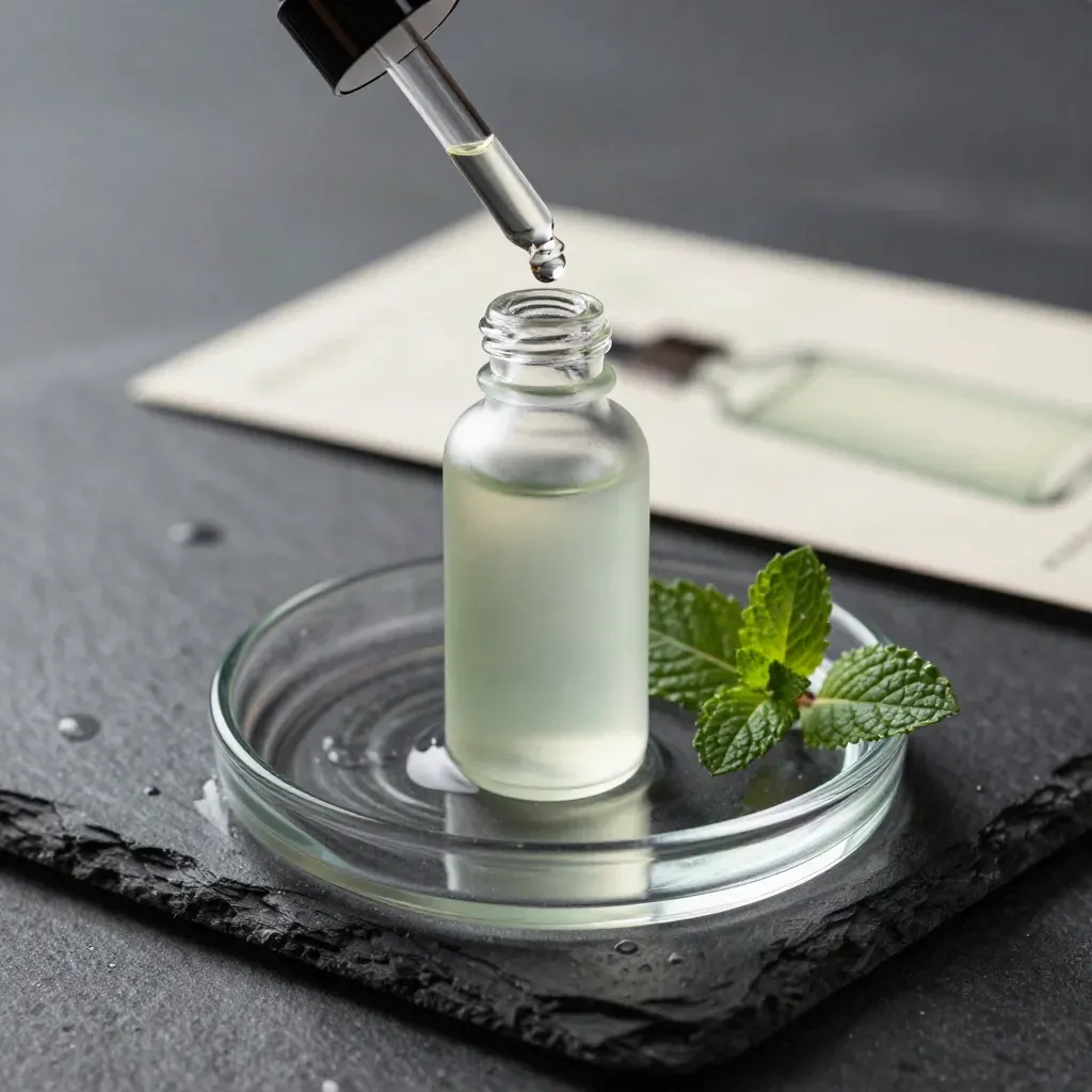 Mint tincture bottle with dropper and mint on slate, droplet poised to fall.