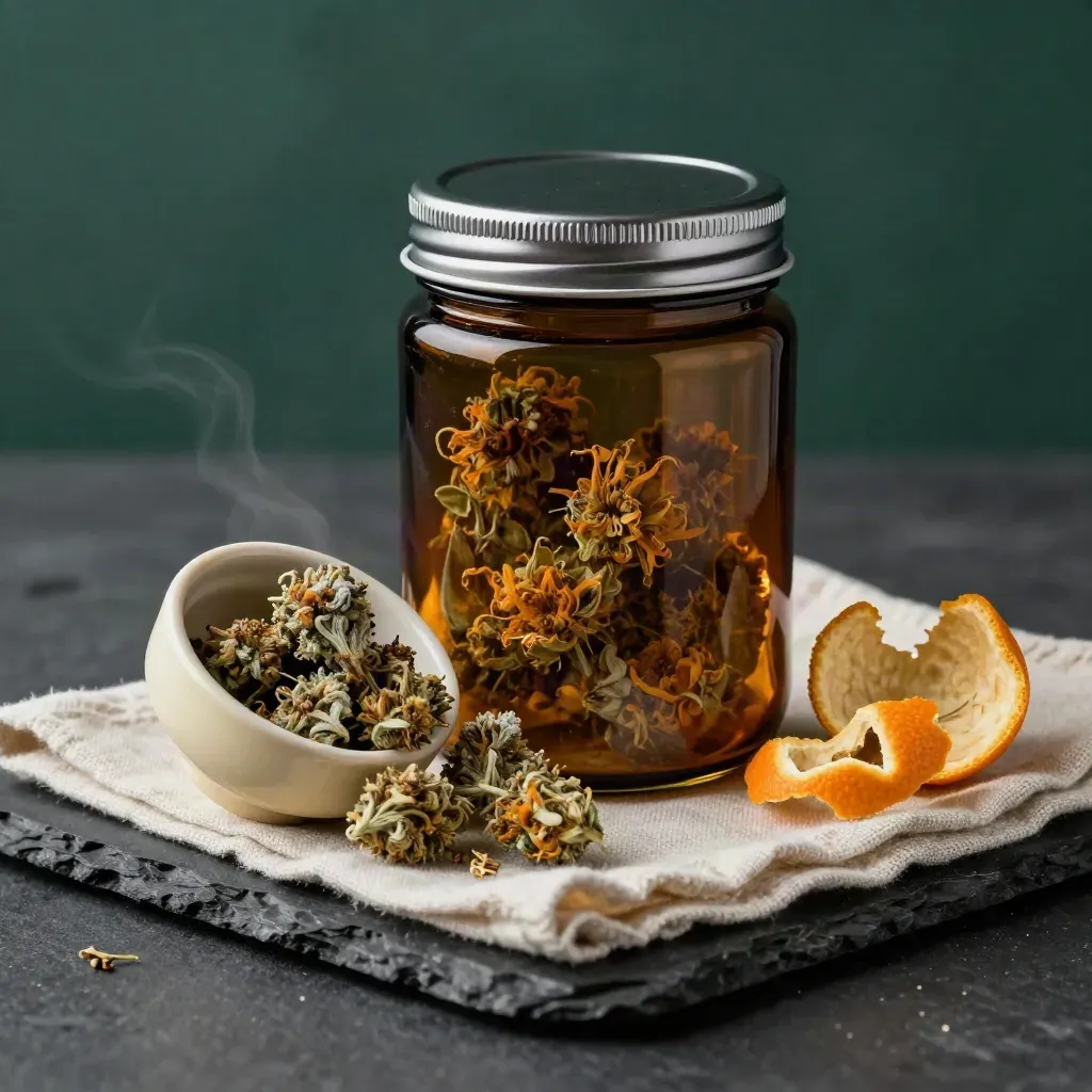 Amber cannabis jar spilling buds into a cream bowl with orange peel on dark linen.
