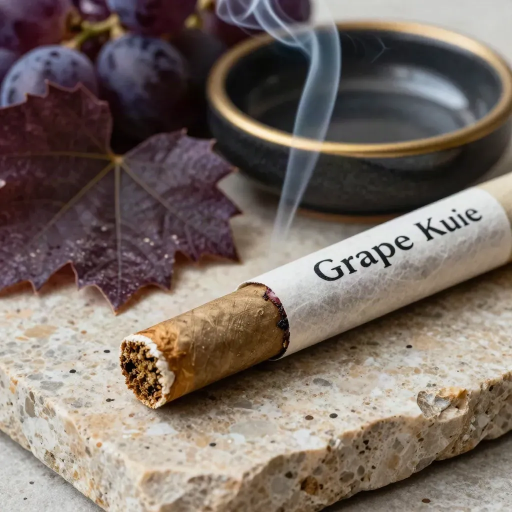 Open Grape Kush pre-roll pack with loose joint, grape leaves, ceramic dish and smoke on stone