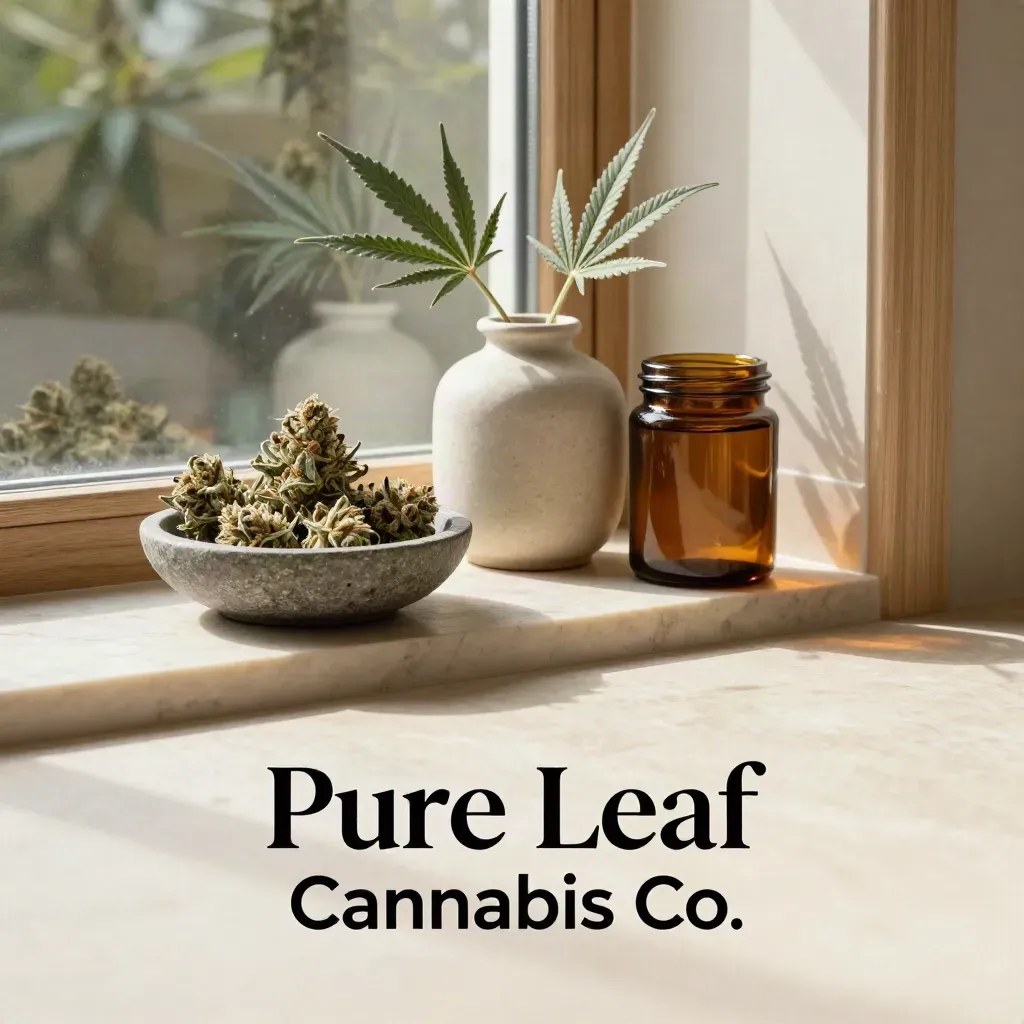 Cannabis flower buds and sage stems on a warm marble threshold in soft conservatory light.