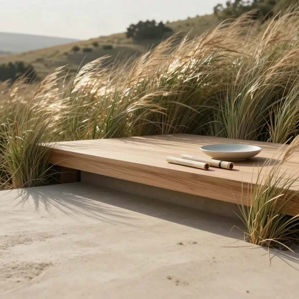 Terraced cedar platform in sunlit grasses with a calm open foreground.