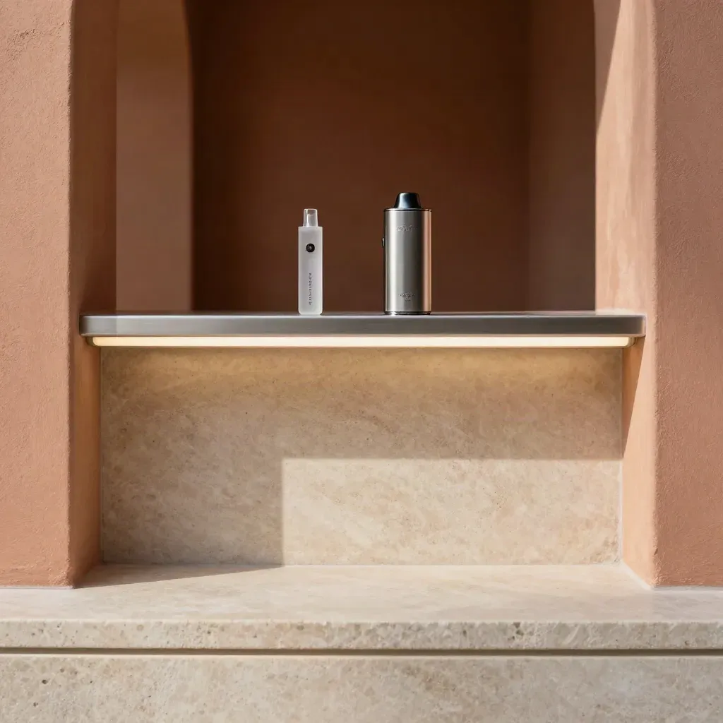 Stone vape display niche with brushed metal accent and sunlit haze.