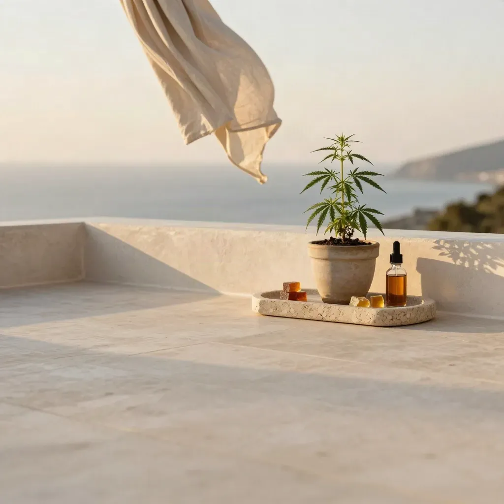 Sunlit coastal terrace with linen drape, herb planter, and amber cannabis edibles at golden hour.