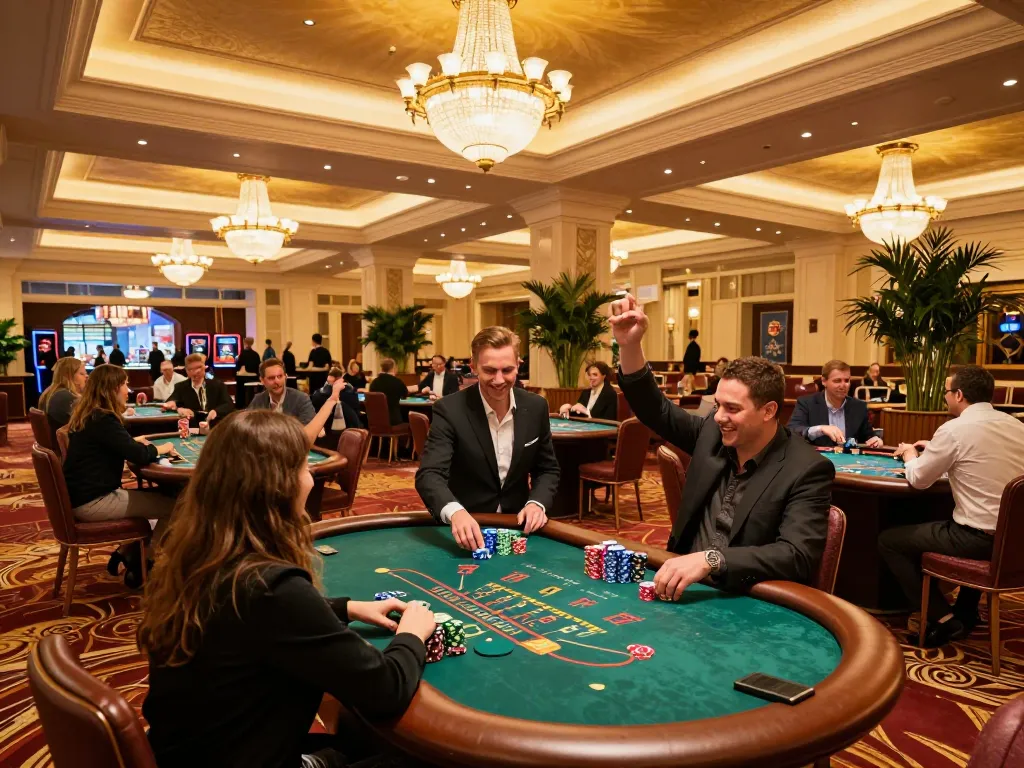 Experience the thrill of a welcome bonus new member at an upscale casino with friends celebrating.