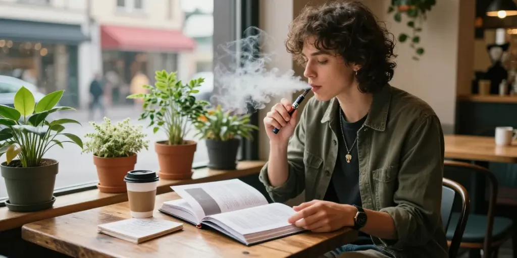 Buy THC vapes UK: Stylish individual enjoying a THC vape pen at a city café.