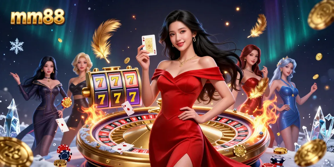 Engage with mm88's thrilling gaming experience, featuring a beautiful woman beside a roulette wheel in a glamorous setting.