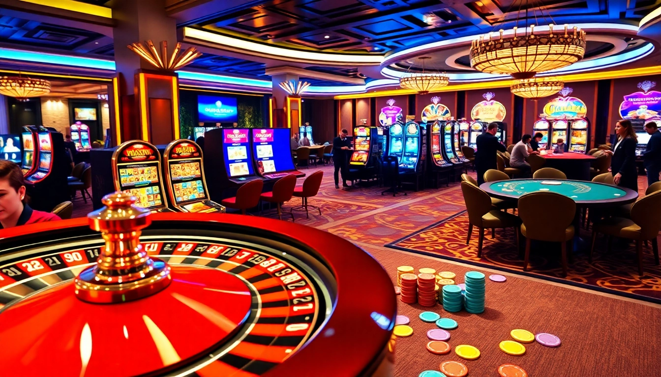 Dynamic casino scene at Jogoluck with spinning roulette, vibrant slot machines, and engaged players.