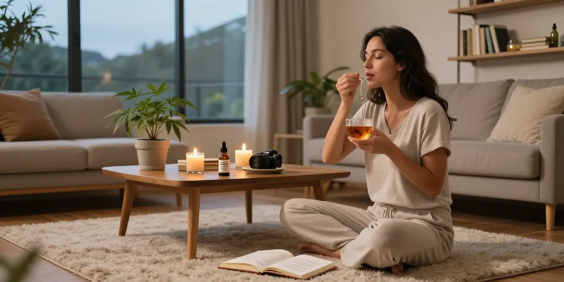 Discounted hempworx products showcased in a cozy wellness routine, featuring CBD oil, herbal tea, and calming ambiance.