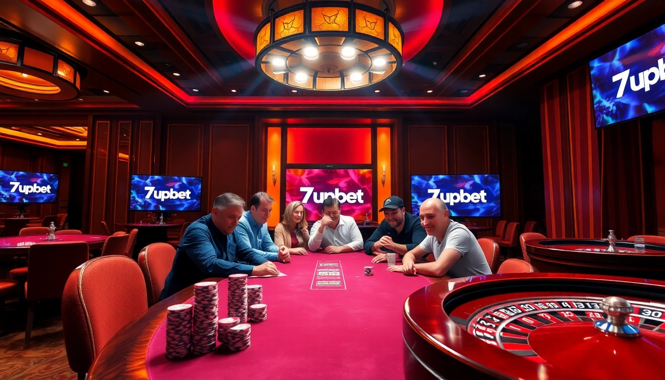 Exciting poker game scene featuring 7upbet branding with vibrant chips and cards.