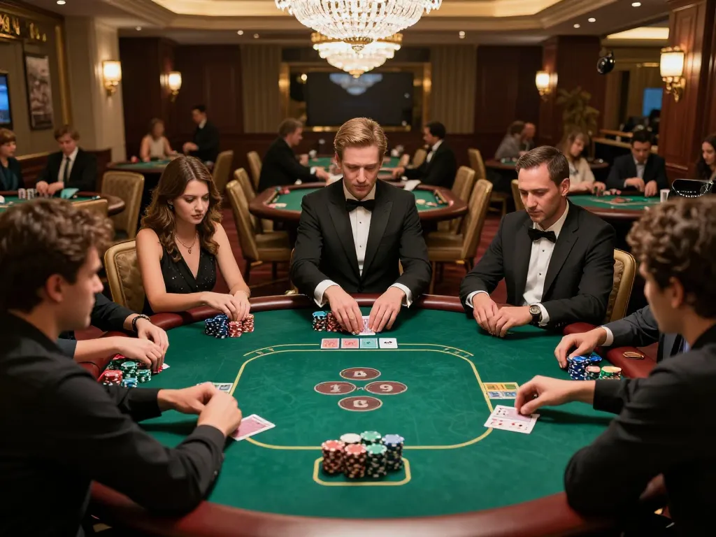 The Hidden Wiki players engaged in a high-stakes poker game in a luxury casino environment, focused on strategy and excitement.