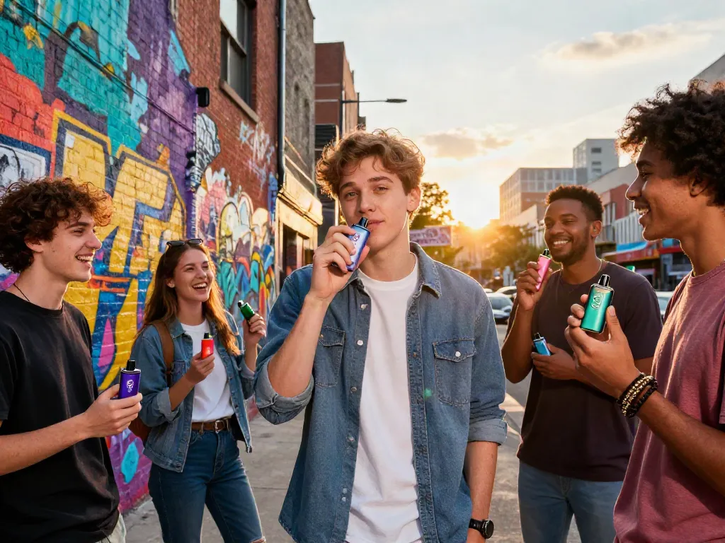 Friends enjoying Hitz infinity Gen 7 disposable vapes in an urban setting.