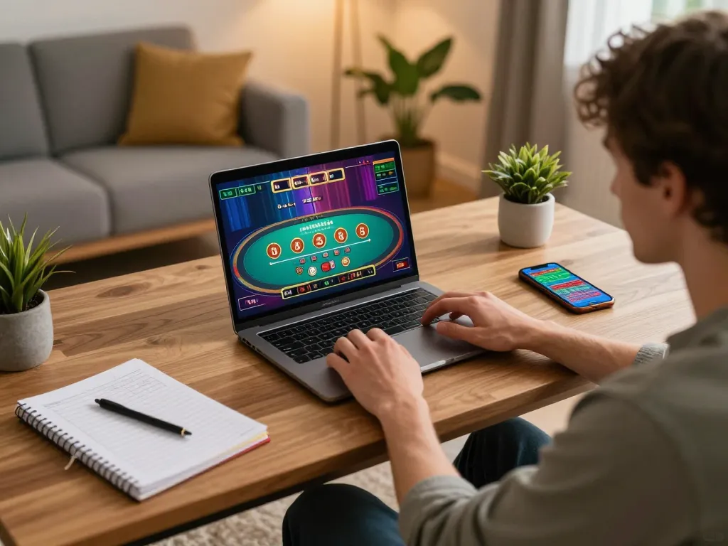 Player engages in strategic betting on sun win online casino from a cozy home setup.