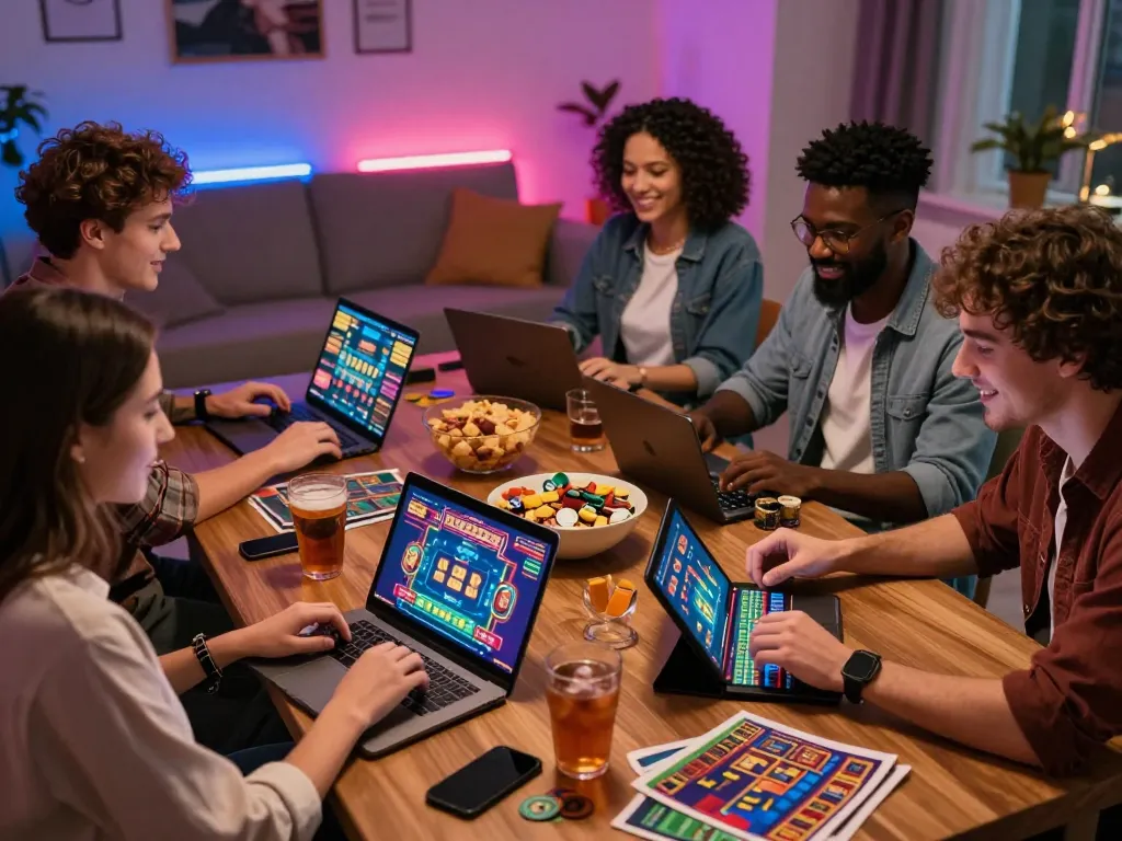 Friends enjoying an online gaming session with 8kbet at home, vibrant atmosphere with colorful screens and snacks.