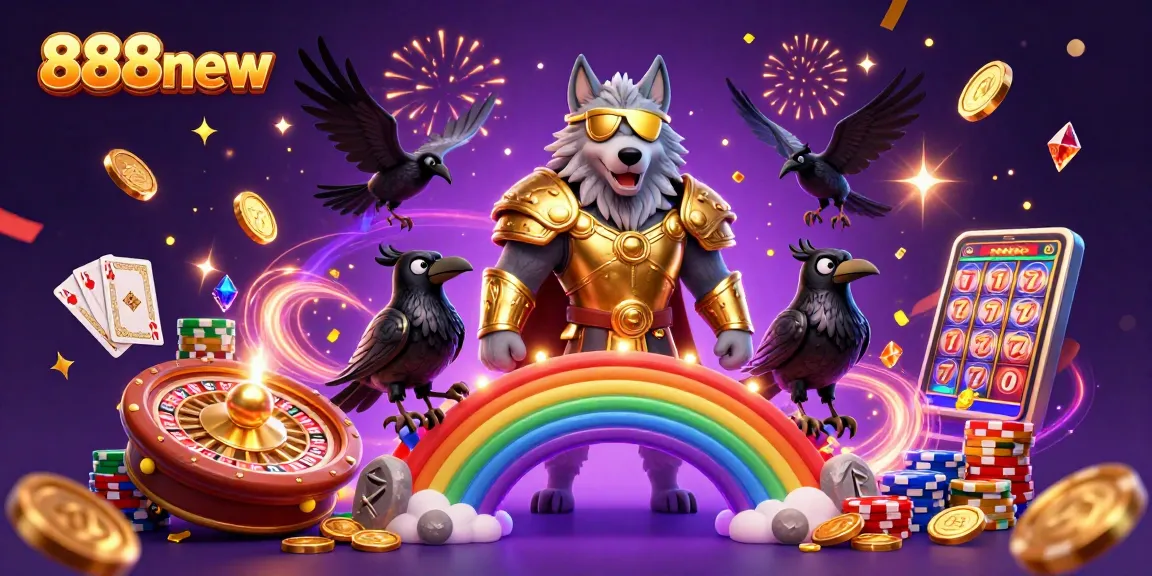 Win big with 888new at this vibrant casino-themed illustration showcasing exciting games and elements.