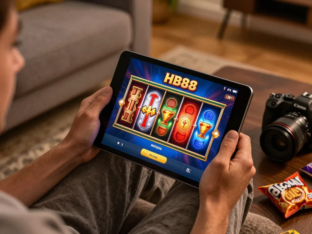 HB88 players enjoying exciting slot gameplay on a tablet in a cozy home setting