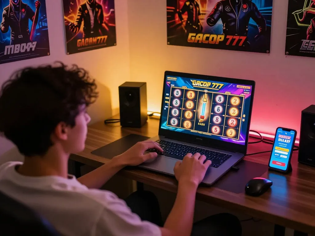 Engaging with online slot gacor 777 game during an exciting evening gaming session.
