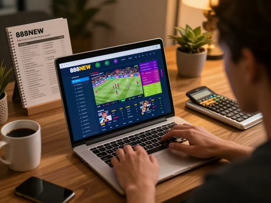 Engaging in online sports betting on 888NEW with live odds displayed on a laptop in a cozy home setting