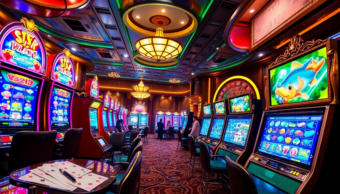 Bắn cá nổ hũ gameplay action featuring vibrant slot machines and casino excitement.