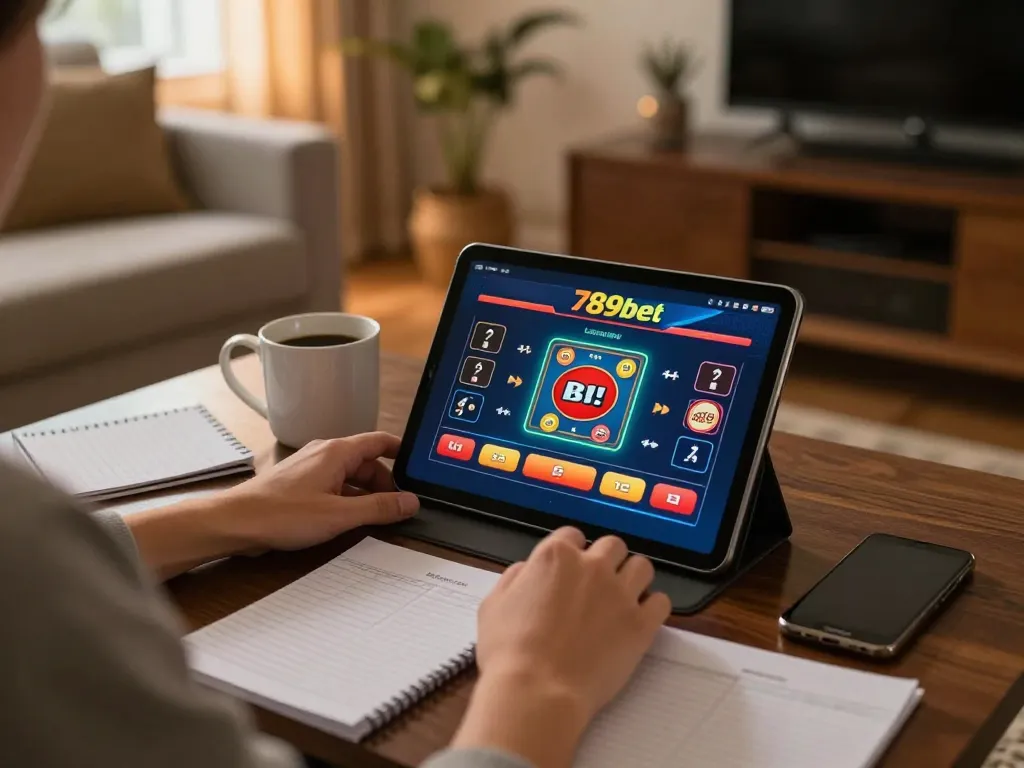 Engaging in online gaming with 789bet interface on tablet in a cozy home setting.